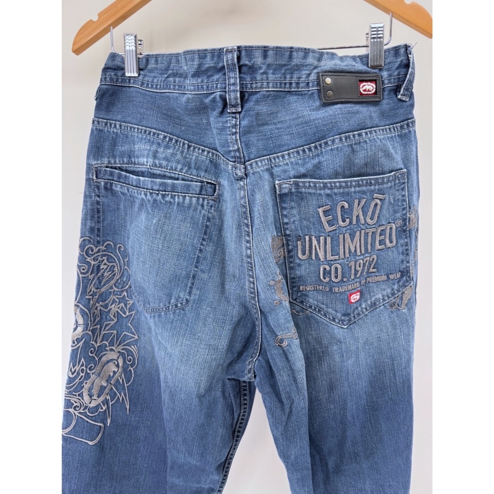 Ecko Unltd Jeans Mens 34 Blue Baggy Fit   Embroidered Y2K Streetwear